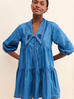 BB Dakota Blue Button-Front Tiered Mini Dress with Embroidered Collar